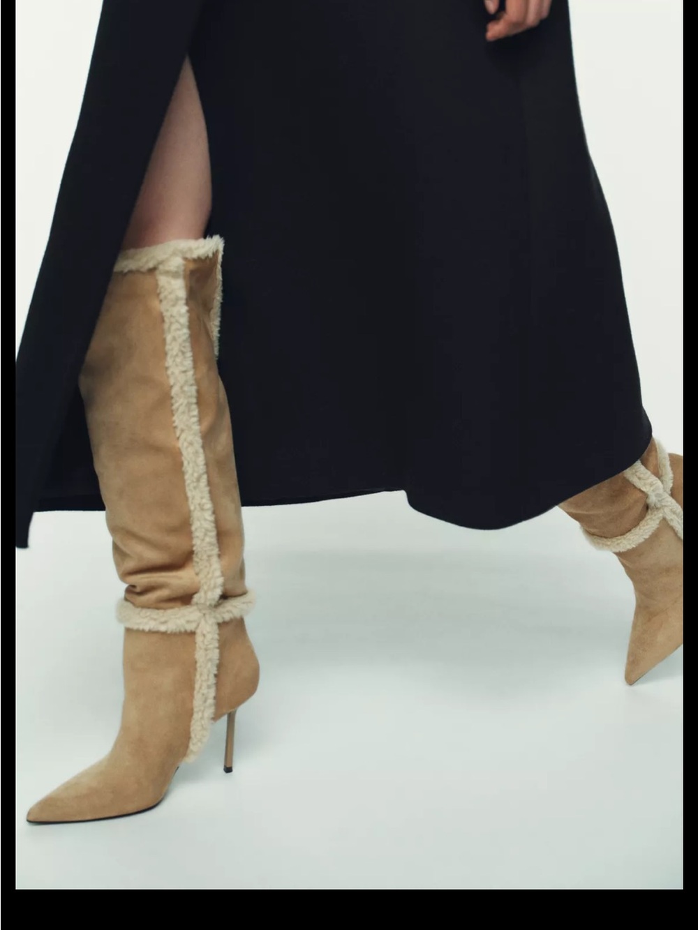 Zara Tan Suede Knee-High Stiletto Boots with Shearling Trim